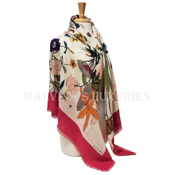 GUCCI SCARF MISS FLORA PRINT SHAWL WOOL SILK PINK BORDER SQUARE sz 55" - Picture 5 of 13